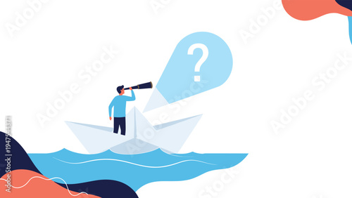 Person in a small white paper boat looks through a telescope at a giant question mark bubble representing a search for meaning or clarity.