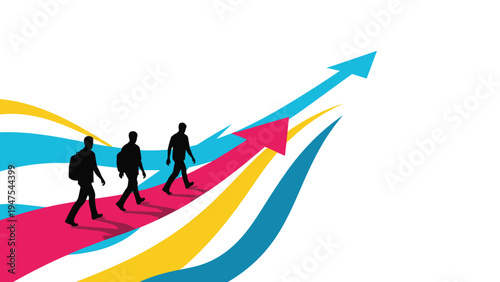 Silhouettes of three people walk along a path made of colorful curving upward arrows representing progress and shared professional goals.