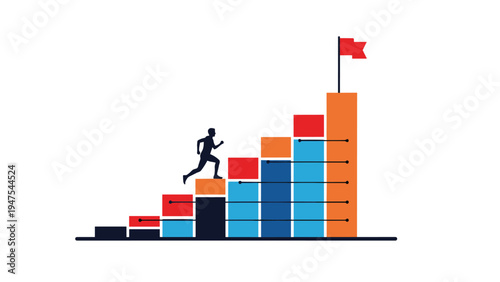 Silhouette of an athlete runs up a flight of stairs formed by a bar graph toward a red flag at the top representing business victory and goals.