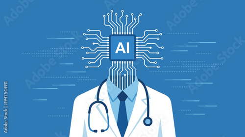 AI Doctor Concept Illustration with Artificial Intelligence Microchip on Doctor Suit and Stethoscope for Medical Technology and Healthcare Innovation