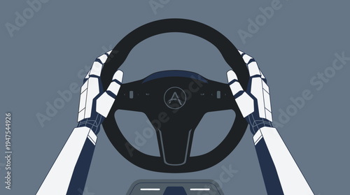 AI Robotic Hands Holding a Car Steering Wheel, Concept of Autonomous Driving, Self-Driving Technology, and Future Transportation, Minimalist Flat Illustration