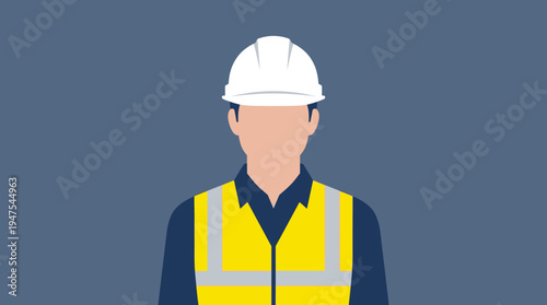 Flat Vector Illustration of a Male Construction Worker or Engineer Wearing a White Hard Hat and Yellow High-Visibility Safety Vest