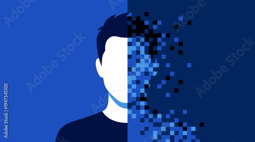 Digital Identity Concept of a Man's Face Dissolving into Pixels for Technology and Cyber Security