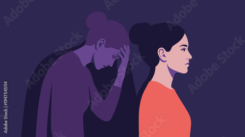 Conceptual Illustration of a Woman Facing Mental Health Struggles and Depression with a Hidden Sad Shadow
