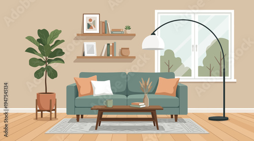 Modern Living Room Interior Design Illustration in Flat Style, Cozy Home Apartment with Sofa, Potted Plant, Coffee Table, and Shelves Background
