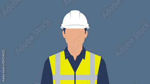 Construction Worker Avatar with Safety Vest and White Hard Hat Flat Vector Illustration