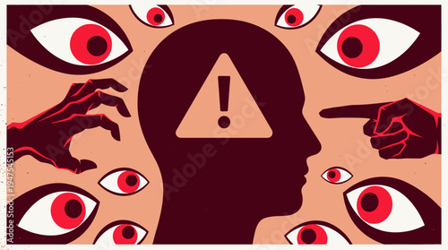 Mental Health Concept Illustration Representing Paranoia, Social Anxiety, and the Pressure of Public Scrutiny with Watchful Eyes and Warning Symbols
