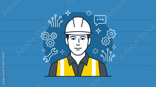 Industrial Engineer Portrait with Smart Industry Icons and Technology Symbols, Professional Construction Worker in Hard Hat and Safety Vest Flat Illustration