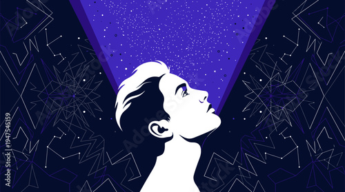 Abstract Geometric Illustration of a Man Silhouette Looking up at the Starry Night Sky, Concept of Dreams, Mindfulness, and Cosmic Inspiration