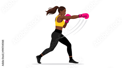 Athletic Black Woman Boxer Training with Pink Boxing Gloves, Fitness and Kickboxing Workout Vector Illustration Isolated on White Background