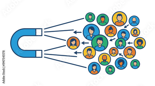 Lead Generation and Customer Acquisition Concept with Magnet Attracting Diverse People Icons Illustration