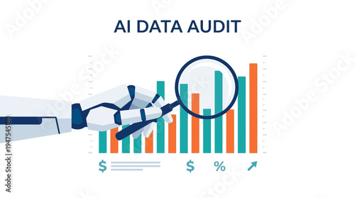 AI Data Audit Concept with Robotic Hand Holding Magnifying Glass Over Business Statistics and Financial Bar Charts for Automated Analytics