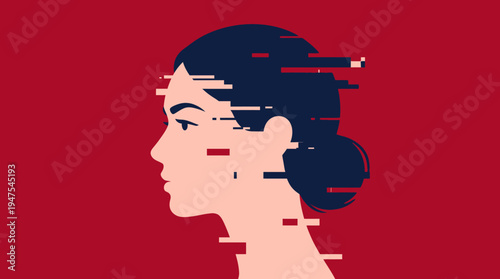 Minimalist Vector Illustration of a Woman's Side Profile with Digital Glitch Effect on a Red Background Representing Cyber Identity and Mental Health