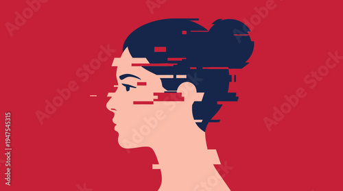 Glitch Art Illustration of a Woman Profile with Digital Distortion and Pixelated Effects on Red Background