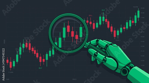 AI Artificial Intelligence Trading and Financial Market Analysis with Robotic Hand Holding Magnifying Glass over Candlestick Stock Chart