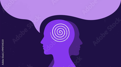 Psychological Therapy and Mental Health Concept Illustration with Human Head Silhouettes, White Spiral in Brain, and Large Speech Bubble for Communication and Inner Dialogue