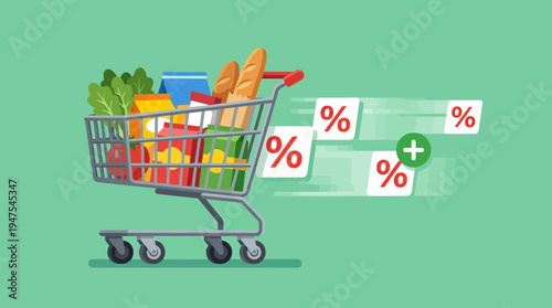 Shopping Cart with Groceries and Discount Symbols Representing Inflation and Sales