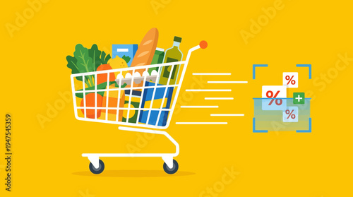 Flat Illustration of a Full Shopping Cart Moving Fast with Percentage Discount Symbols, Online Grocery Shopping and Sales Promotion Concept