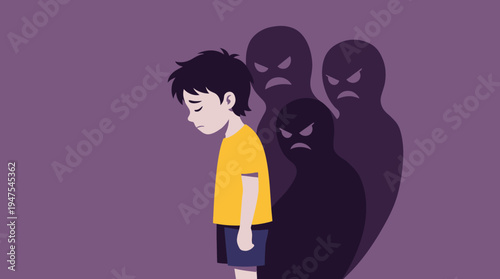 Sad Young Boy Standing Alone with Dark Angry Shadows Behind Him, Concept of Childhood Mental Health, Anxiety, Fear, and Bullying Illustration