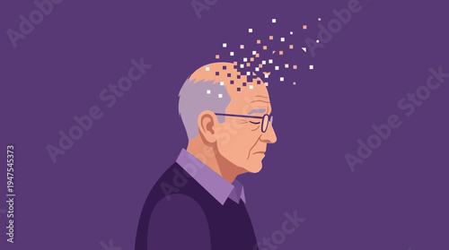 Conceptual Illustration of an Elderly Man with Alzheimer's Disease or Dementia Representing Memory Loss with Pixels Disappearing from His Head