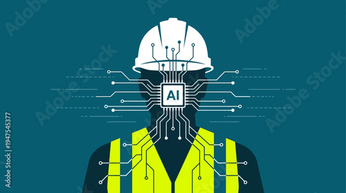 AI in Construction and Industrial Manufacturing Concept Illustration with Worker Silhouette, Hard Hat and Digital Circuit Board Design on Blue Background