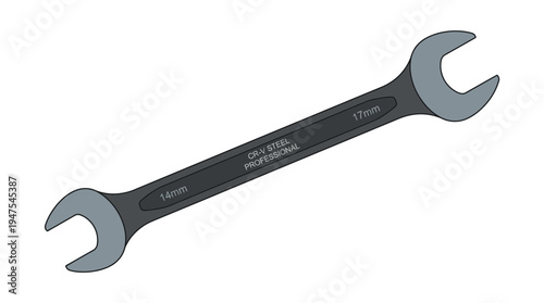 Professional Double Open End Wrench Tool Illustration, 14mm and 17mm Spanner for Mechanic and Repair Work, Chrome Vanadium Steel Hand Tool Vector Graphic