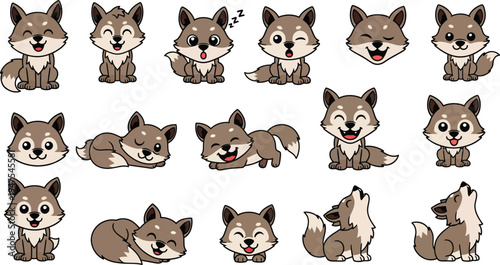 Cute wolf character stickers with various emotions and poses
