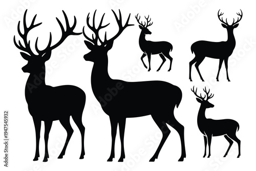 Black silhouettes of deer with antlers on white background