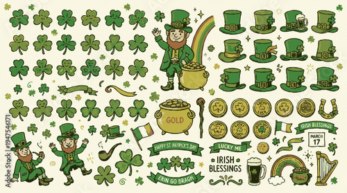 St patrick's day hand drawn illustrations set with leprechauns shamrocks hats pot of gold and irish symbols on cream background