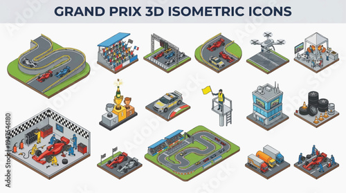 Dynamic grandprix racing icon set in detailed 3D isometric vector style, depicting various elements of motorsport events, from track layouts to podium celebrations and pit stop activities