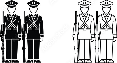 Soldiers standing at attention in military uniforms and hats Vector
