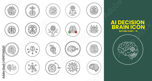 AI Decision Brain Icons Set in Circle Frame – Artificial Intelligence Logic and Decision Making Vector Line Icons