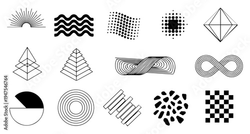 Set of vector logos, icons, and abstract geometric shapes featuring black halftone dot patterns and circular design elements for a modern wallpaper texture illustration
