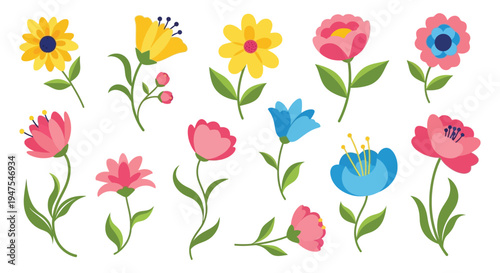 A vibrant collection of colorful flowers and blossoming plants in a flat artistic silhouette high quality