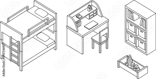 Isometric children bedroom furniture set with bunk bed, study desk, chair, bookshelf, toy box and storage cabinet minimal line architectural interior illustration.