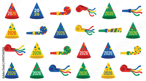 Set of Colorful 2026 New Year Party Celebration Accessories Including Conical Hats and Blowers Isolated on White Background