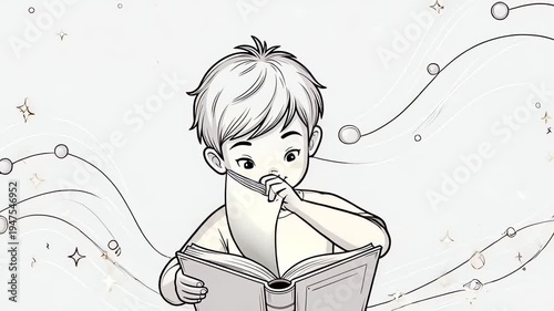 Boy Reading a Book with Stars and Constellations.