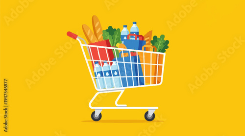 Flat Illustration of a Full Shopping Cart with Groceries and Healthy Food isolated on Yellow Background