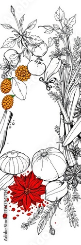 A black and white sketch of various herbs and spices, creating an aromatic and rustic feel,  design,  food