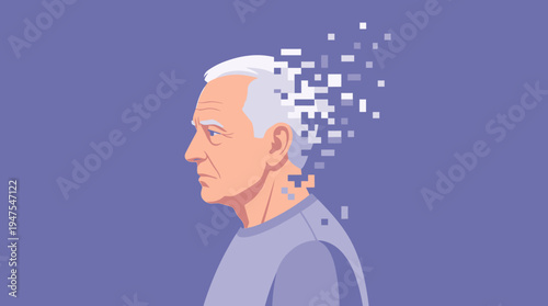 Mental Health Concept of Alzheimer's and Memory Loss Featuring an Elderly Man with a Disintegrating Pixelated Head on a Purple Background