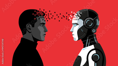 Artificial Intelligence and Human Brain Data Transfer Illustration - Concept of Machine Learning, Future Technology, and Digital Consciousness Exchange