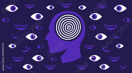 Mental Health Concept Illustration of Social Anxiety and Paranoia with Human Head Silhouette Surrounded by Watching Eyes and Laughing Mouths
