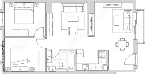 Modern three bedroom apartment floor plan top view with living room, dining area, kitchen, bathroom and furniture layout detailed architectural interior blueprint illustration.