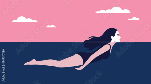 Minimalist Flat Vector Illustration of a Woman Swimming in Deep Blue Water under a Pink Sky, Concept of Wellness, Serenity, and Summer Relaxation