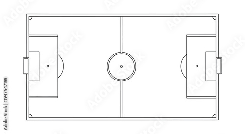 An aerial view depicts a soccer field with distinct markings presented as a clean silhouette