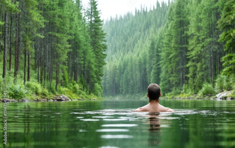 Fototapeta premium Serene Person Swimming in Tranquil Forest Lake
