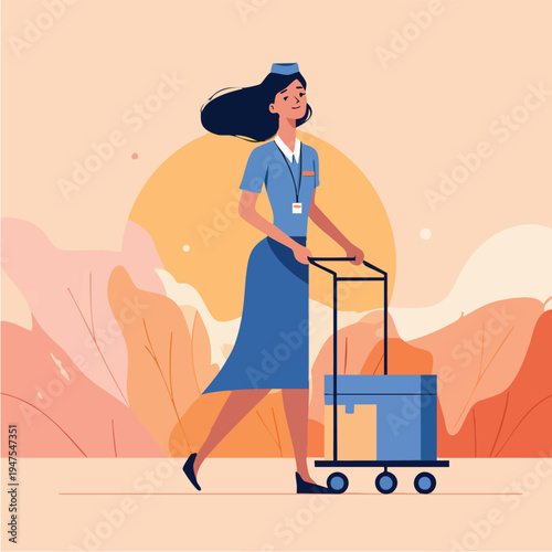 Female courier pushing a box on a trolley illustration.