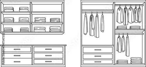 Wardrobe closet furniture set with shelves, drawers and hanging clothes organized storage system minimal line interior design elements for bedroom storage illustration.