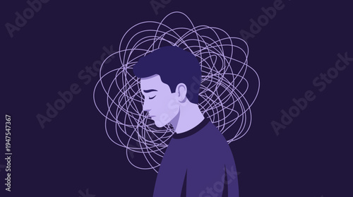 Mental Health Illustration of a Depressed Man with Tangled Thoughts Representing Anxiety, Stress, and Confusion