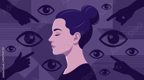 Conceptual Illustration of Social Pressure and Public Judgment: A Calm Woman Surrounded by Watching Eyes and Pointing Fingers in Purple Tones